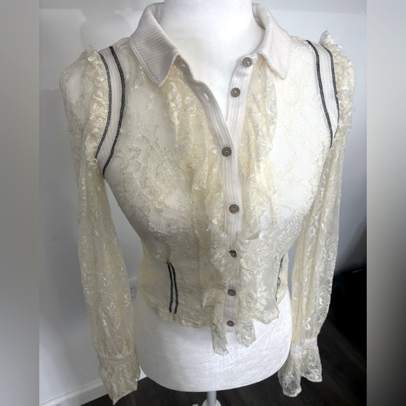 Free People soft stretchy Ivory lace & black button crop top collared blouse XS - Picture 11 of 14